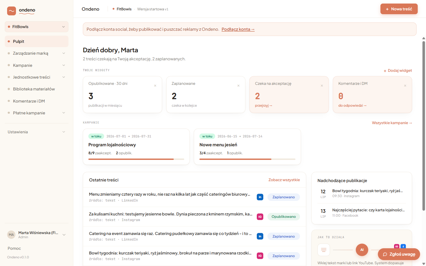 Pulpit Ondeno: widgety publikacji, kampanie w toku i nadchodzące publikacje marki FitBowls