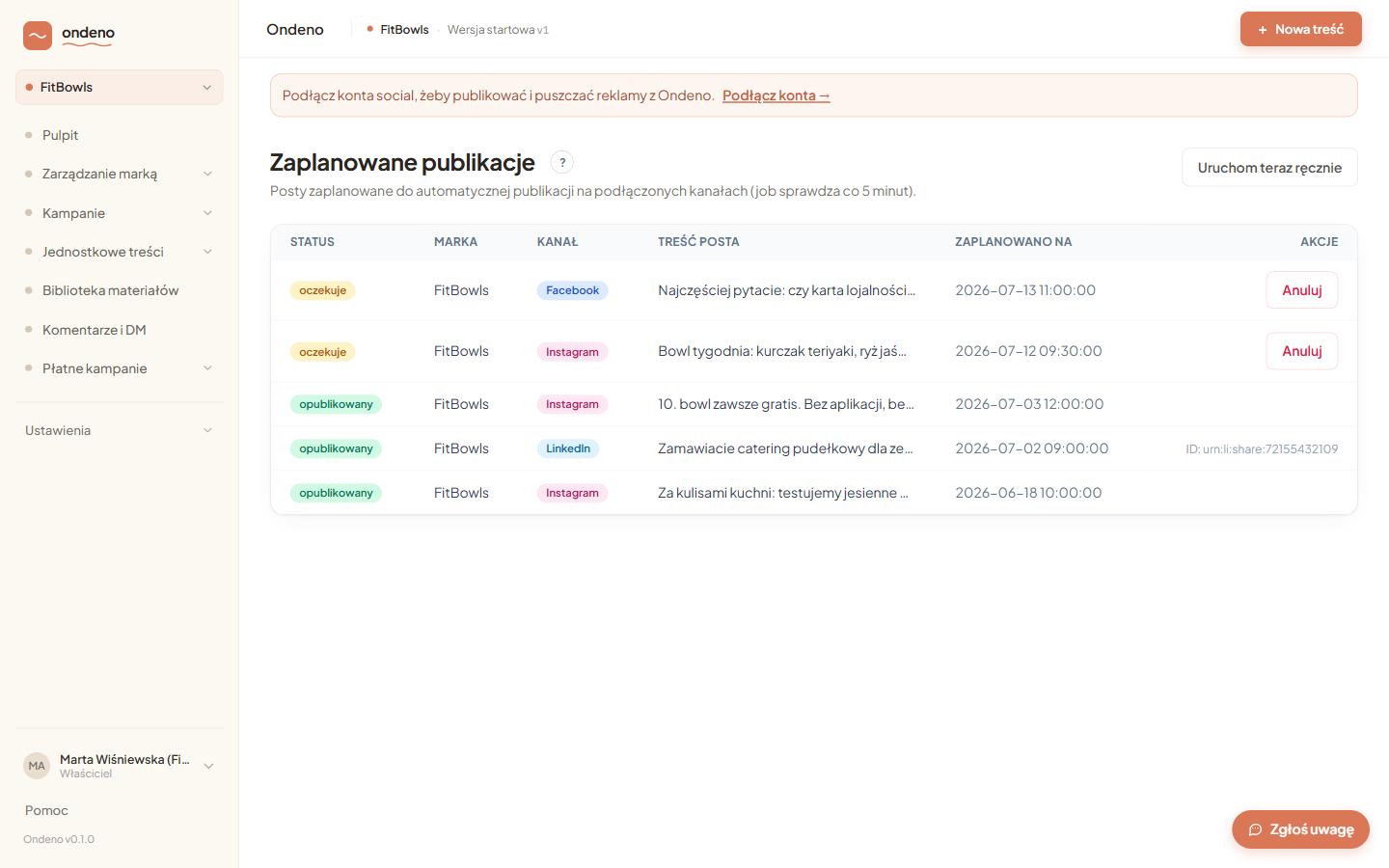Lista zaplanowanych publikacji ze statusami, kanałami i terminami